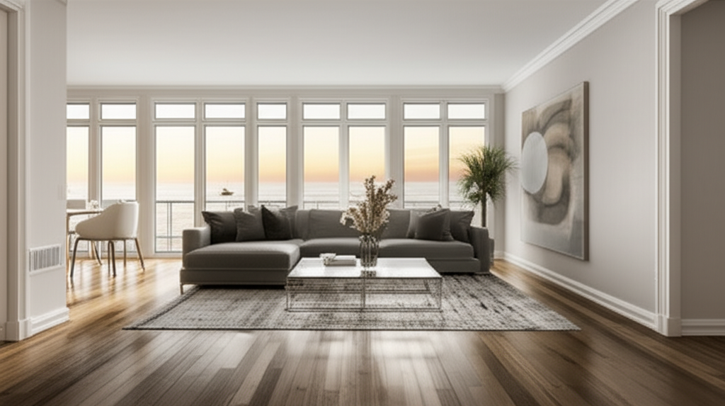 Modern living room with beautiful hardwood flooring